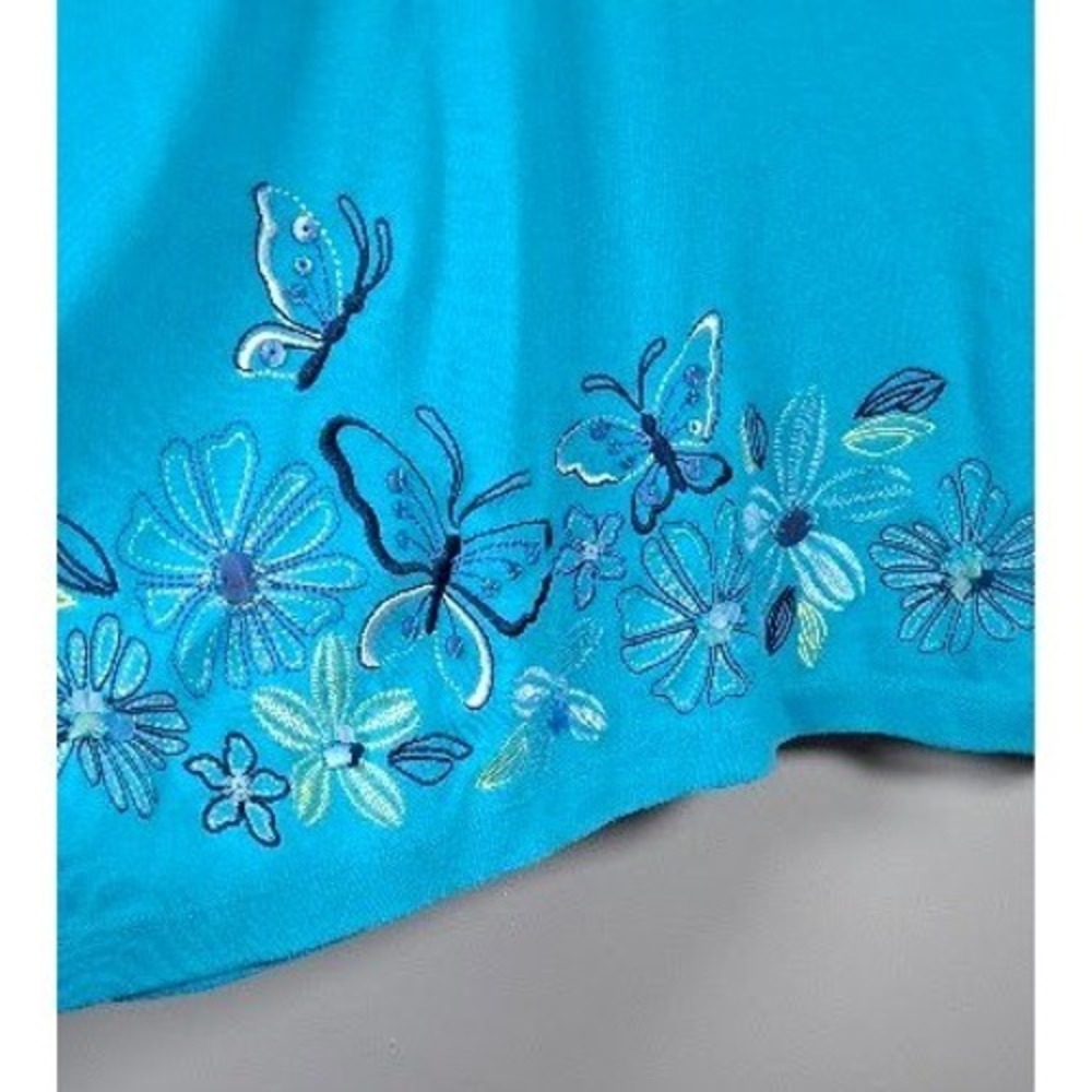 Alfred Dunner Turquoise Butterfly Floral Embroidered 3/4 Sleeve Top Size 8 - Picture 4 of 6